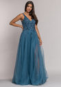 Robe de soirée longue au sol bleu glacier