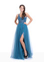 Evening dress made of tulle with rhinestones in ice blue