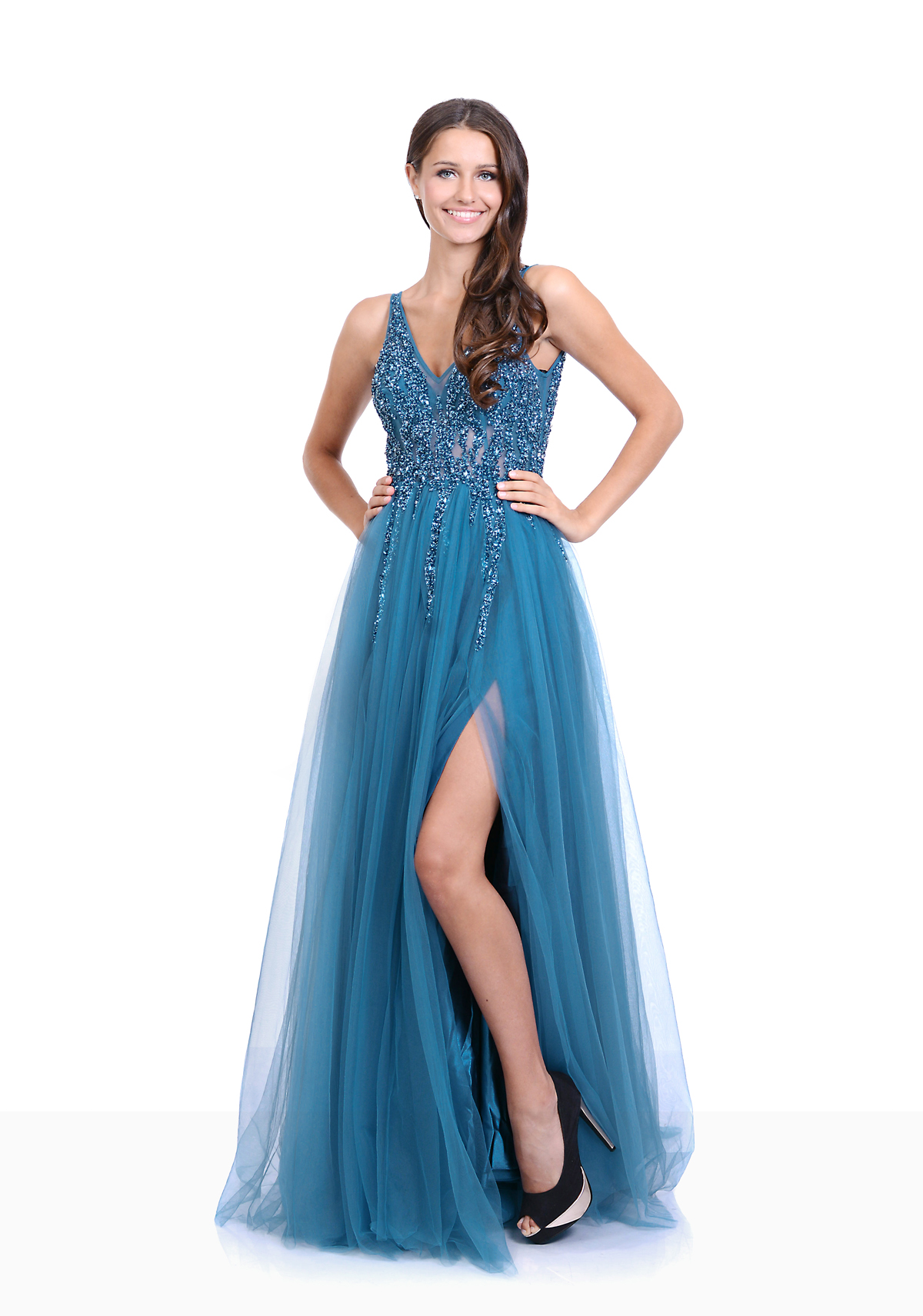 Robe de soir?�e en tulle avec strass en bleu glace - Christian Koehlert