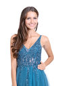 Evening dress made of tulle with rhinestones in ice blue