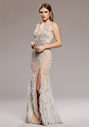 Evening dress with feathers and sequins in Champagne