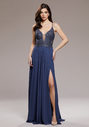 Evening dress with embroidery decorations in vintage indigo