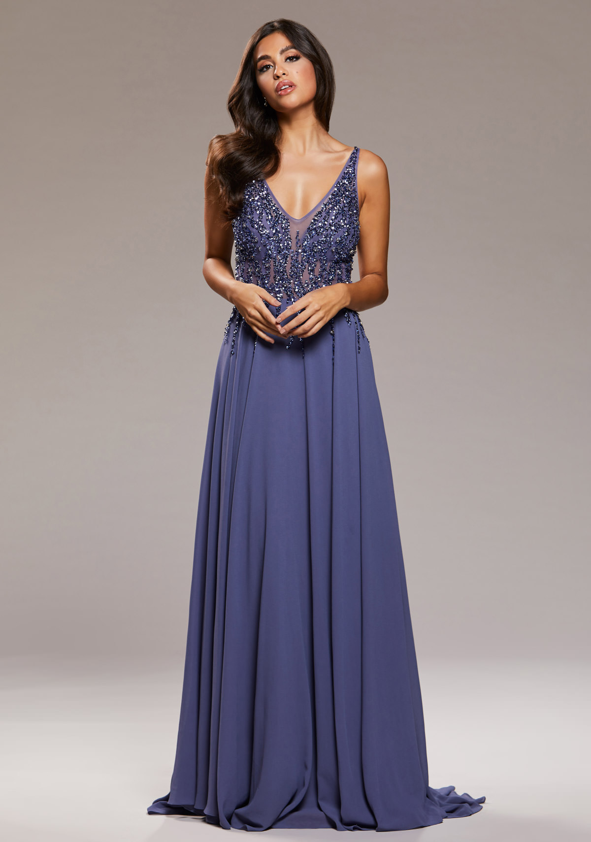 Chiffon Abendkleid mit Strass-Verzierungen in Indigo Grey - Christian ...