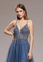 Evening dress made of tulle with rhinestones in vintage indigo