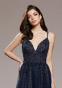 Abito da sera glitter con tulle e allacciatura sul retro in glitter oceano