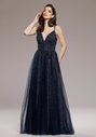 Abito da sera glitter con tulle e allacciatura sul retro in glitter oceano