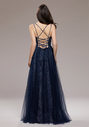 Abito da sera glitter con tulle e allacciatura sul retro in glitter oceano
