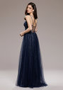 Glitter evening dress with tulle and back lacing in glitter ocean