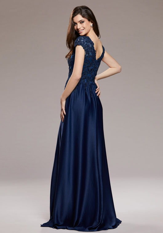 Short-sleeved evening dress in twilight blue satin - Christian Koehlert