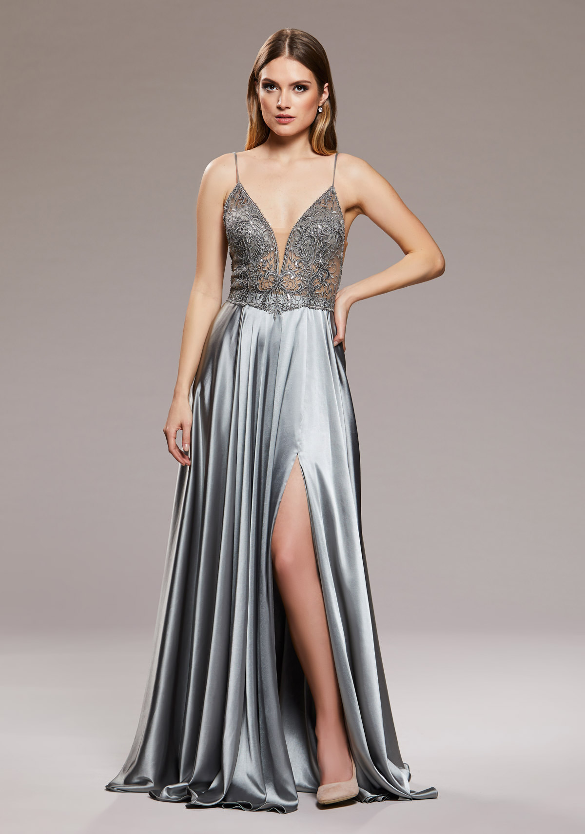 silver satin gown