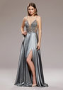Robe de soirée en satin à fines bretelles en argent brillant