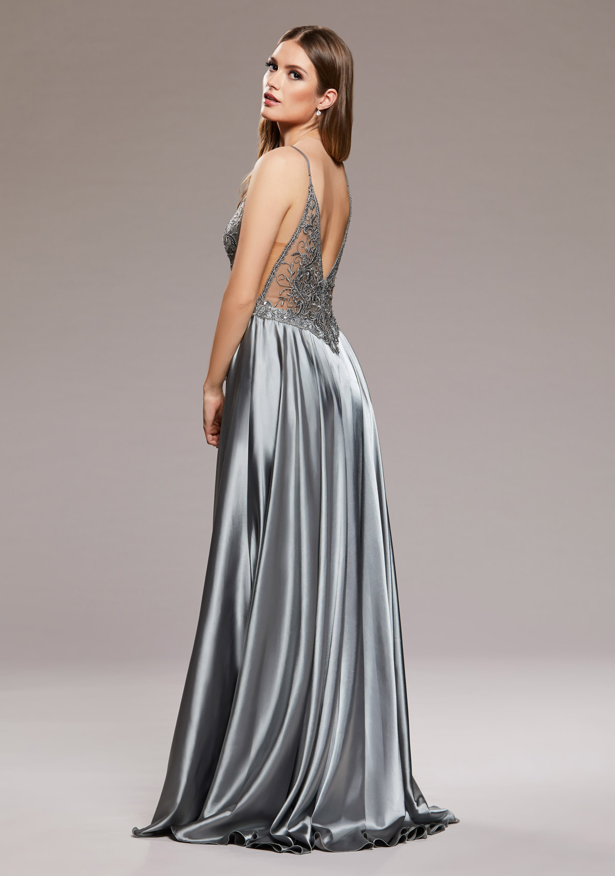 silver satin gown