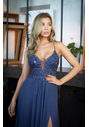 Evening dress with embroidery decorations in vintage indigo