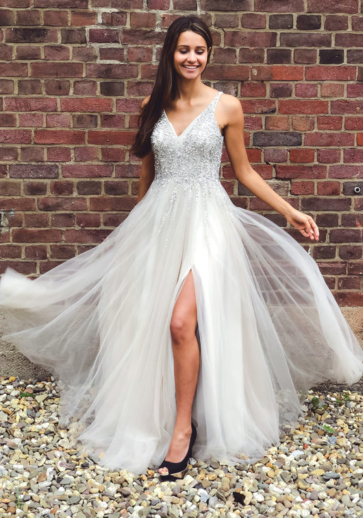 Floor-length evening dress in Ghost Gray