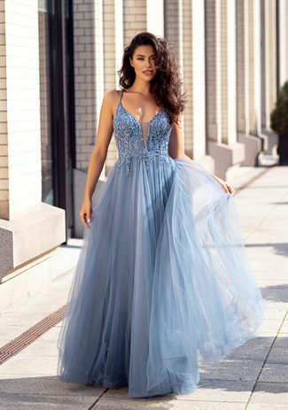 Robe de soirée en tulle avec laçage au dos en indigo virtuel