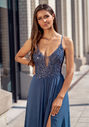 Evening dress with embroidery decorations in vintage indigo