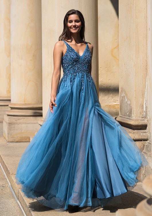 Floor-length evening dress in ice blue