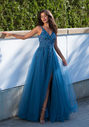 Robe de soirée longue au sol bleu glacier