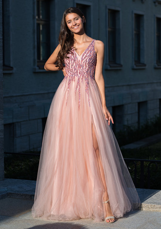 Abito da sera lungo fino al pavimento in Dawn Pink