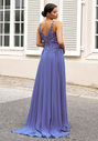 Vestido de noche de gasa con pedrería en gris índigo