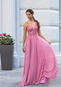 Vestido de noche de gasa con pedrería en rosa geranio