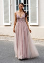 Abito da sera glitter con tulle e allacciatura posteriore in glitter rosa