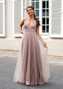 Abito da sera glitter con tulle e allacciatura posteriore in glitter rosa