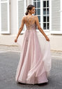Abito da sera glitter con tulle e allacciatura posteriore in glitter rosa