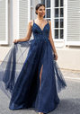 Abito da sera glitter con tulle e allacciatura sul retro in Glitter Ocean