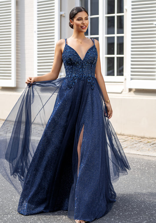 Abito da sera glitter con tulle e allacciatura sul retro in glitter oceano