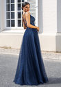 Abito da sera glitter con tulle e allacciatura sul retro in glitter oceano