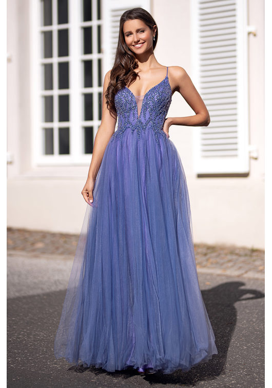 Vestido de noche de tul con cordones en la espalda lavanda