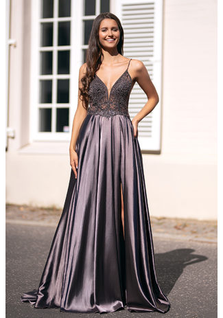 Evening dress made of satin with narrow straps in Shining Brown