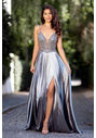 Evening dress made of satin with narrow straps in shining silver