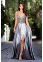 Robe de soirée en satin à fines bretelles en argent brillant