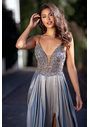 Robe de soirée en satin à fines bretelles en argent brillant