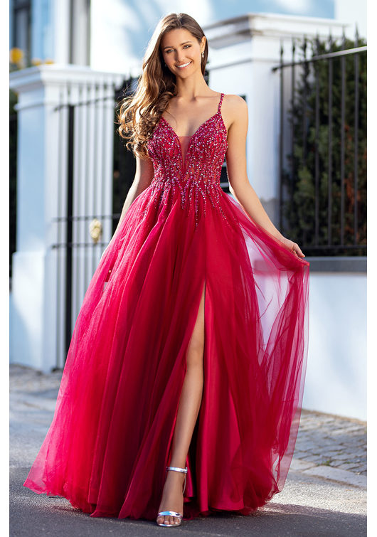 Evening dress made of tulle with rhinestones in Virtual Red