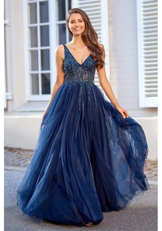Abendkleid aus Tüll mit Strassbesatz in Twilight Blue