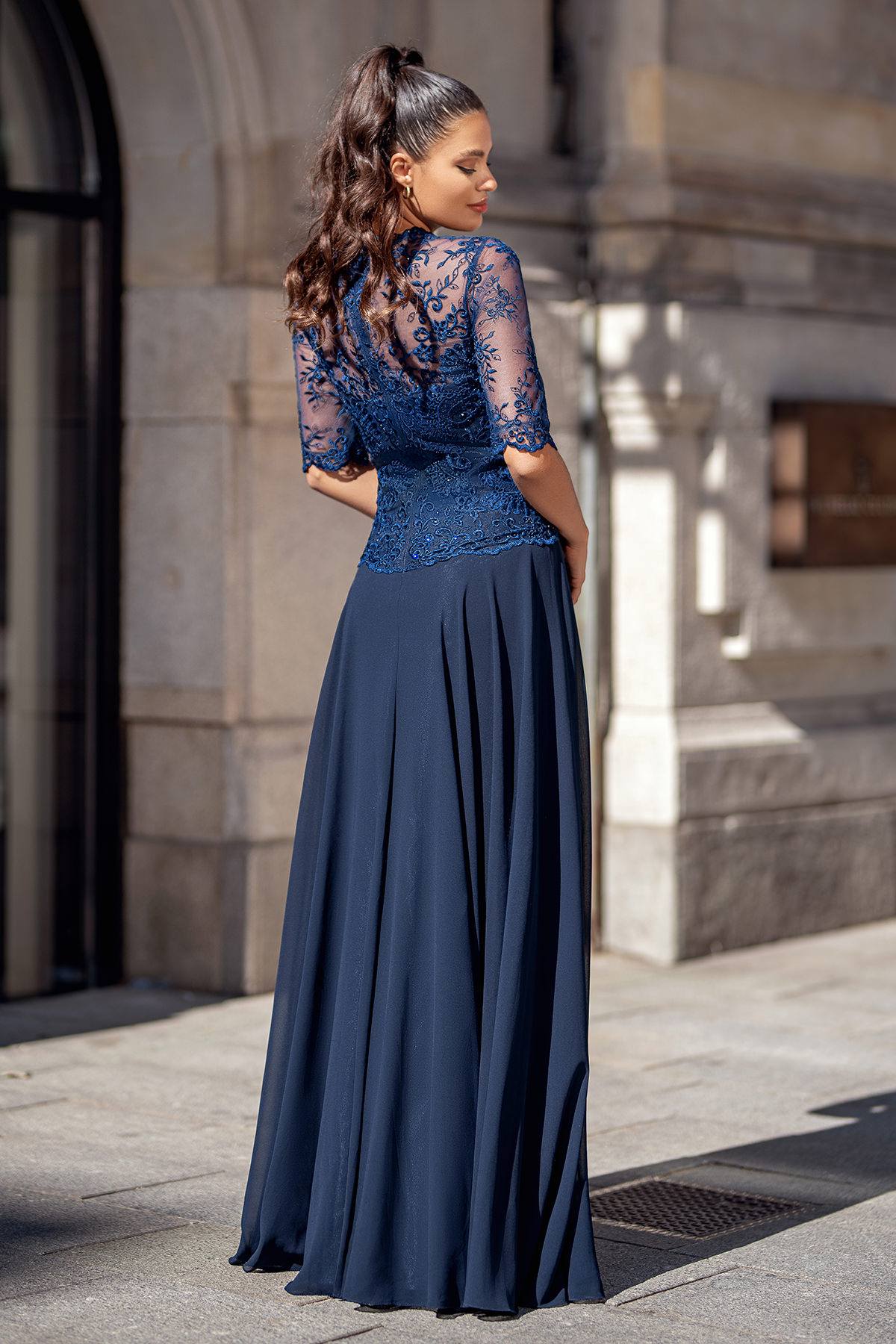 Half Sleeve IllusionTea-length Chiffon Dress Cabernet