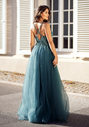 Evening dress made of tulle with rhinestones in botanical green