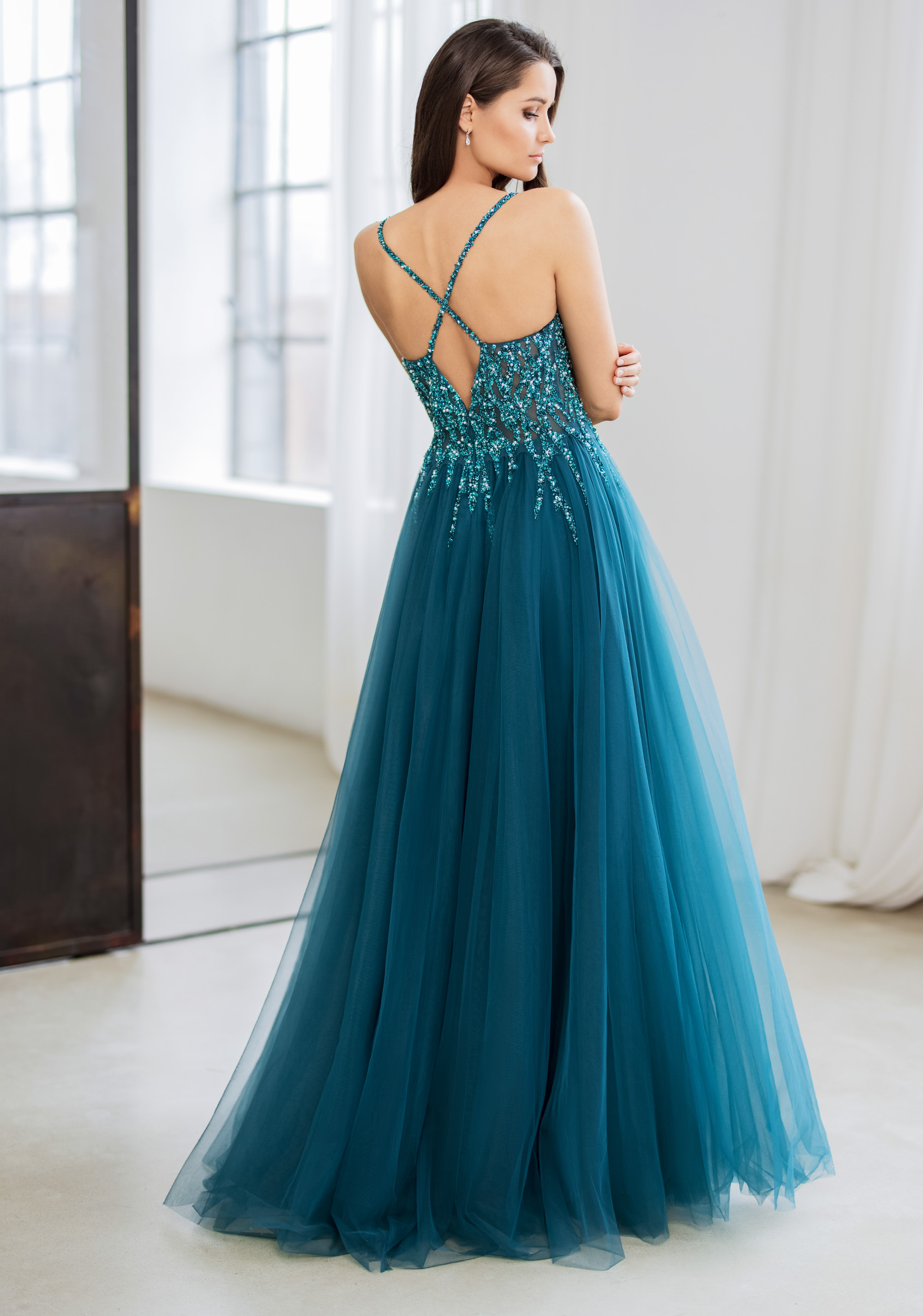 Vestidos largos de tul con escote en V ilusión Pavo real Tallas Grandes