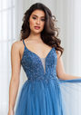 Evening dress made of tulle with back lacing in ice blue