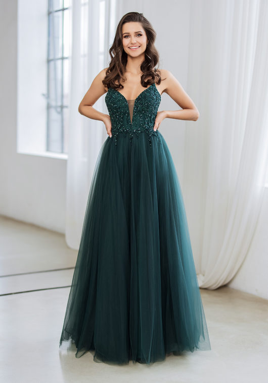 Robe de soirée en tulle avec laçage au dos en vert botanique