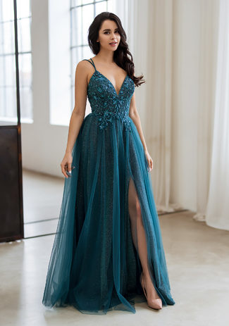 Glitzerabendkleid mit Tüll und Rückenschnürung in Glitter Peacock