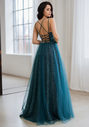 Glitter evening dress with tulle and back lacing in glitter peacock