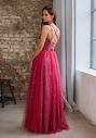 Glitter evening dress with tulle and back lacing in glitter cherry
