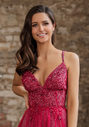 Glitter evening dress with tulle and back lacing in glitter cherry