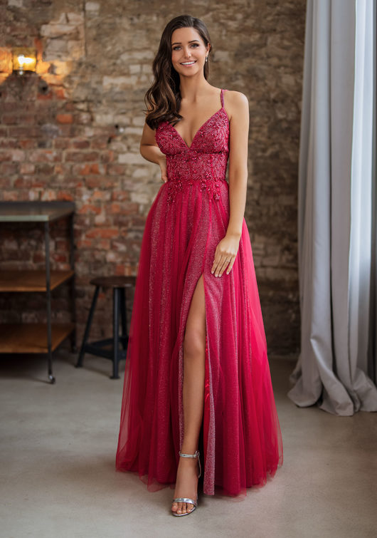 Glitter evening dress with tulle and back lacing in glitter cherry