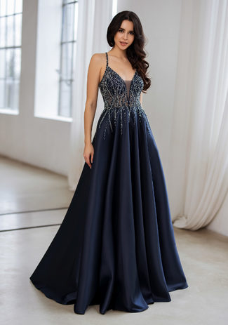 Mikado evening dress with rhinestones in Twilight Blue