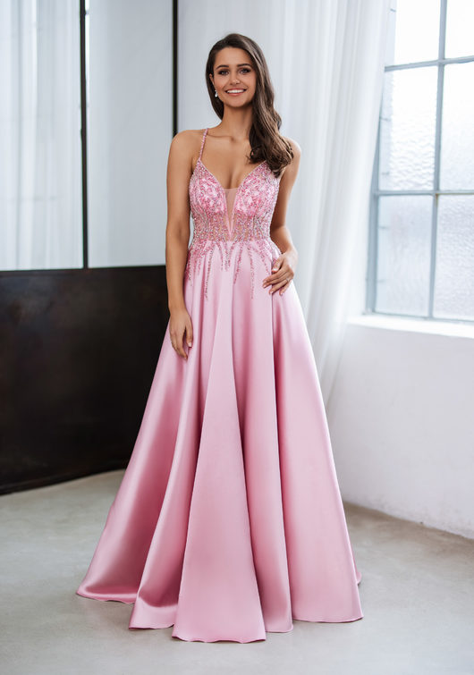 Evening dress made of Mikado with rhinestones in pearl pink